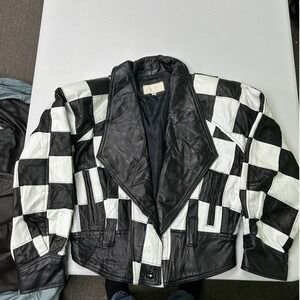 Cache Leather Jacket Womens S Black White Checkered Vintage 80s Cropped Moto